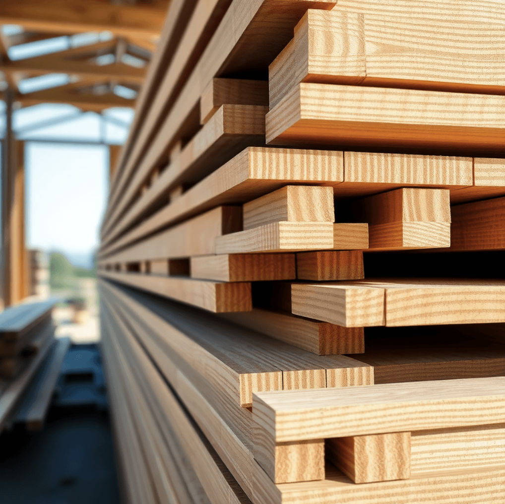 Close-up of stacked laminated veneer lumber beams showing layered wood texture